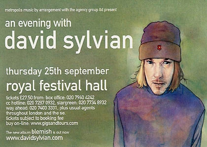 Postcard by Metropolis Music, for promoting the concert of David at the Royal Festival Hall at 25th September 2003 (Fire In The Forest tour)