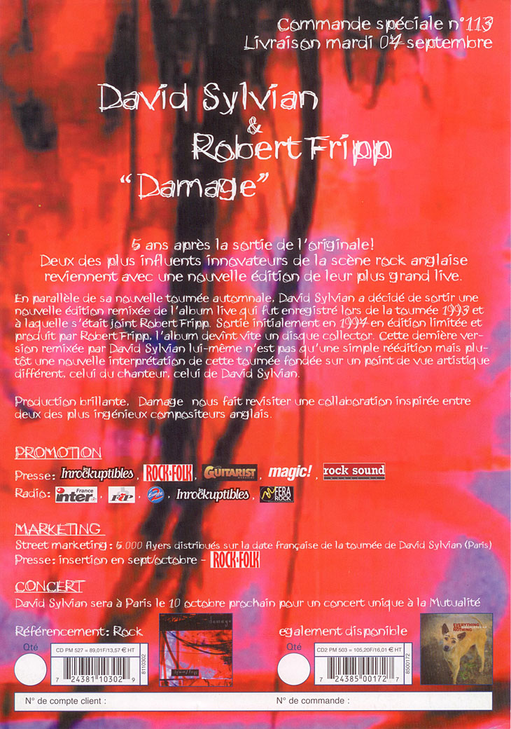 Advert flyer for the re-issue of Damage (France)