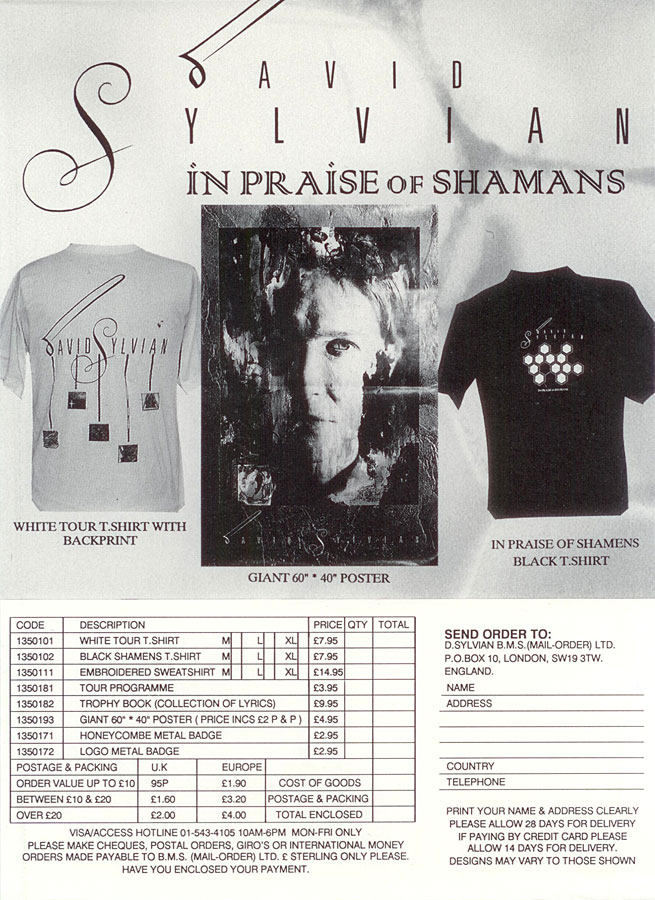 This flyer was included in the In Praise Of Shamans tour book and offers merchandise as the Trophies book, t-shirts and posters.